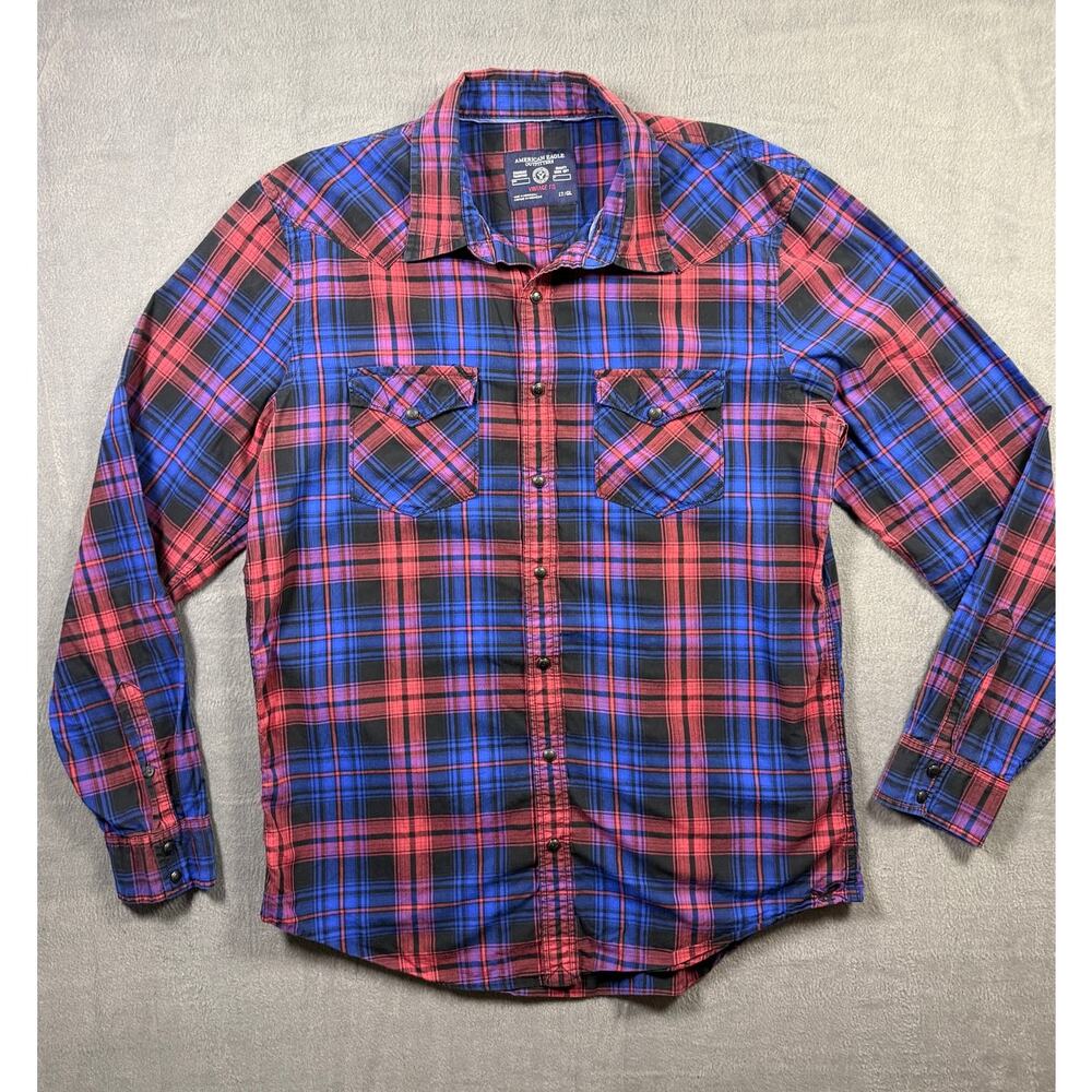 American Eagle Pearl Snap Long Sleeve Shirt Men's Size Large Tall Plaid